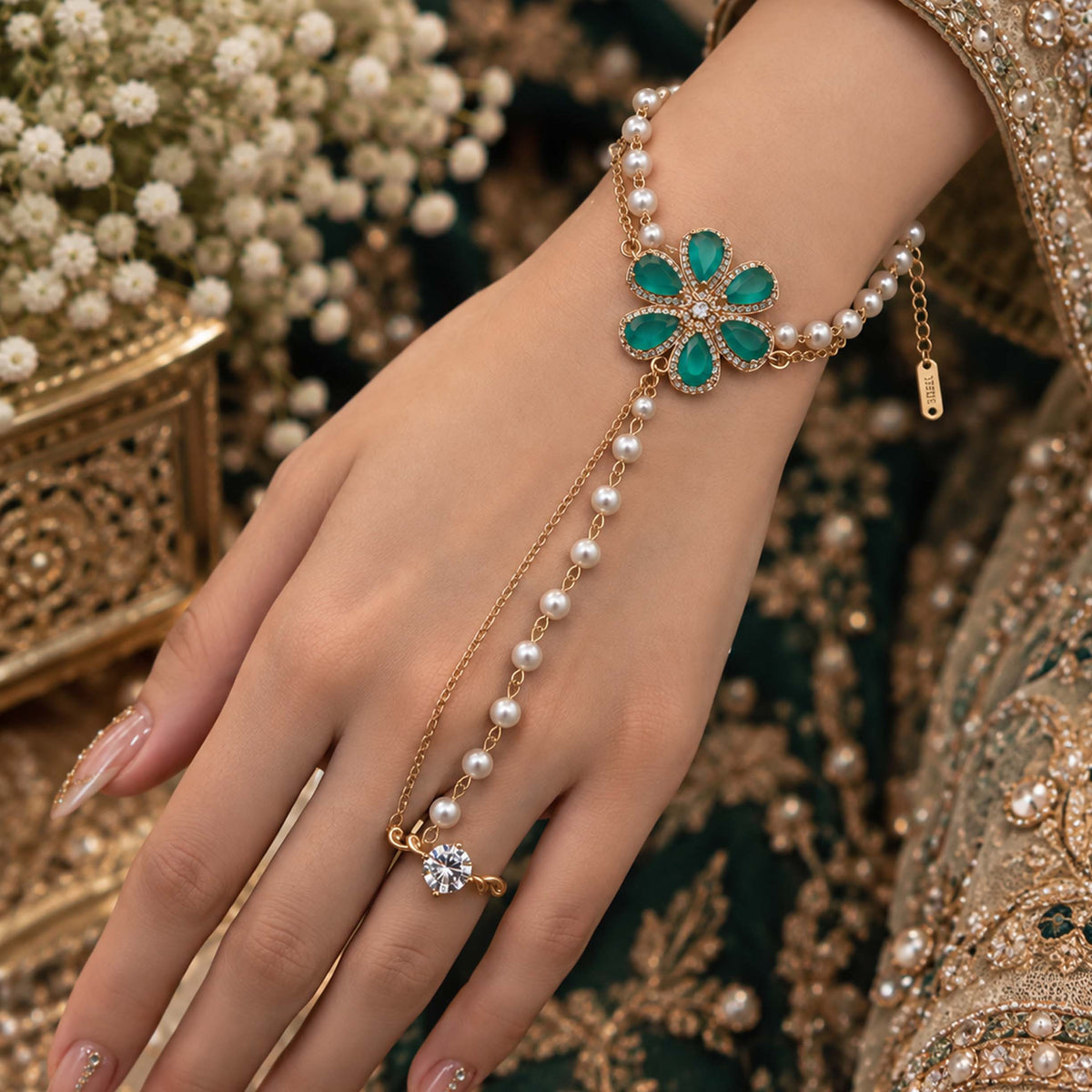 Regal Mint Floral Pearl Hand Harness Angla GD_ AN 005