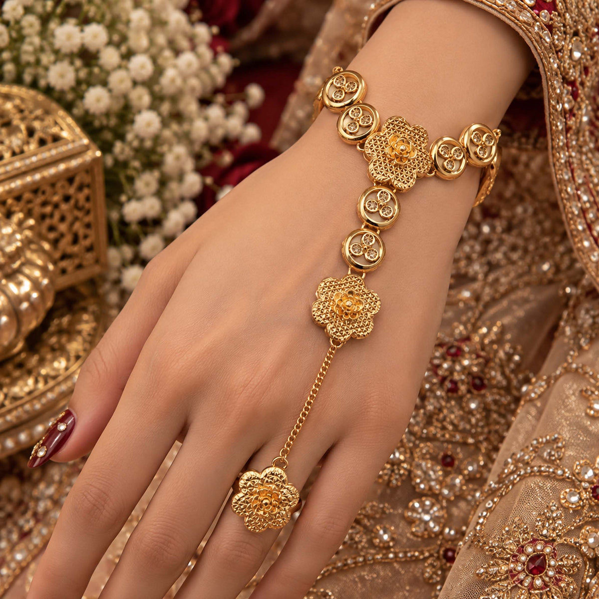 Regal Gold Filigree Floral Hathphool Angla GD_ AN 006