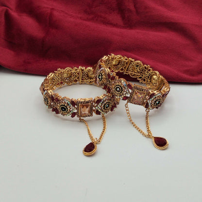 Turkish Antique Gold Geometric Gemstone Openable Kangans GD_ BGL 012