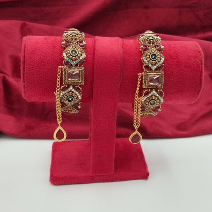 Turkish Antique Gold Geometric Gemstone Openable Kangans GD_ BGL 012