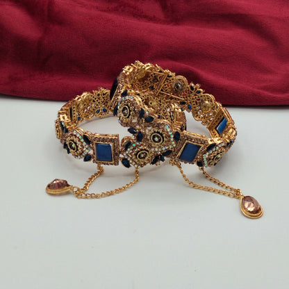 Turkish Antique Gold Geometric Gemstone Openable Kangans GD_ BGL 012