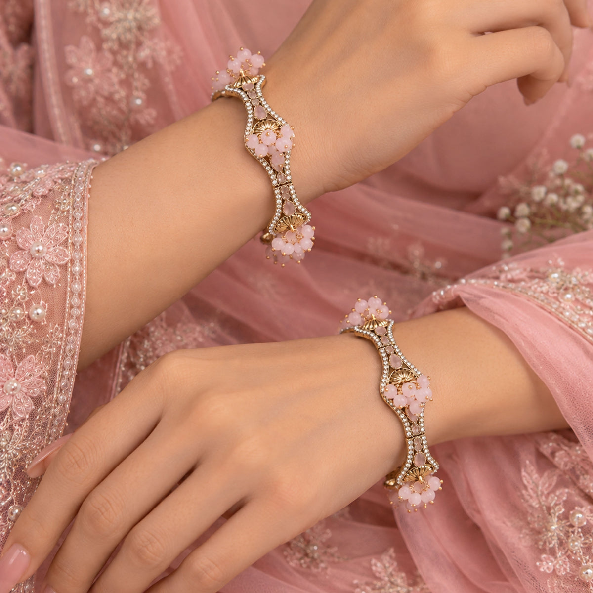 Victorian Soft Pink Gemstone Bead Cluster Bangles GD_ BGL 013