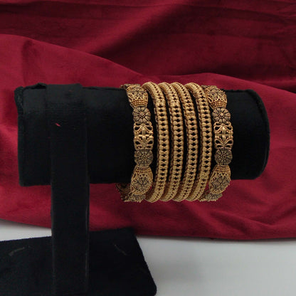 Rajasthani Lightweight Antique Gold Floral Embossed Bangle Set GD_ BGL 016