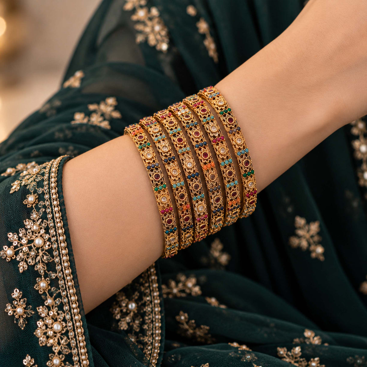 Navratan Floral Gold Lightweight Bangle Set GD_ BGL 018