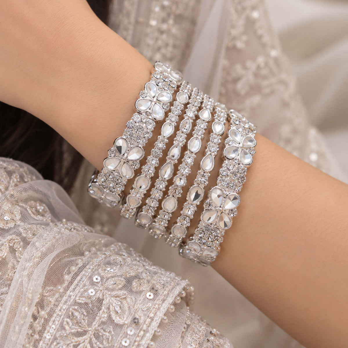 Victorian Silver Floral Kundan Bangles SL_ BGL 003