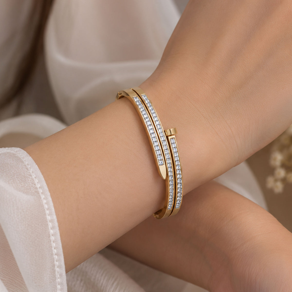  Regal Stainless Steel Pave Cuff Adjustable Bracelet GD_ BR 001