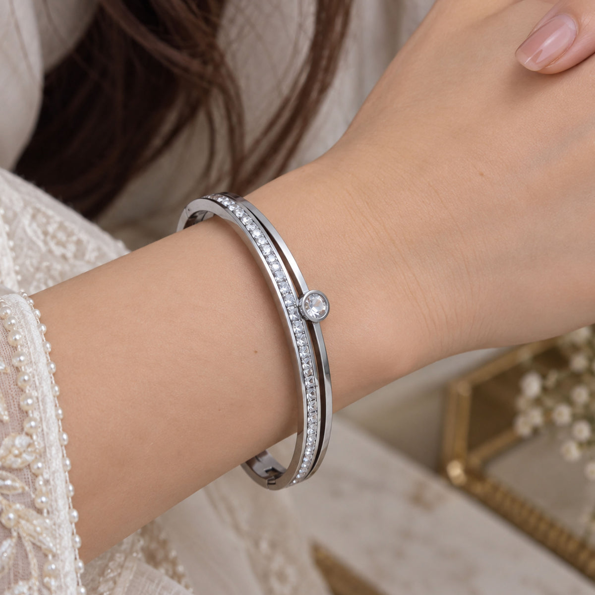 Stainless Steel Solitaire Dual Band Adjustable Bracelet SL_ BR 003