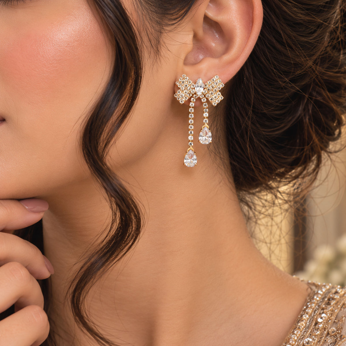 Victorian Crystal Bow Drop Earrings GD_ ER 024