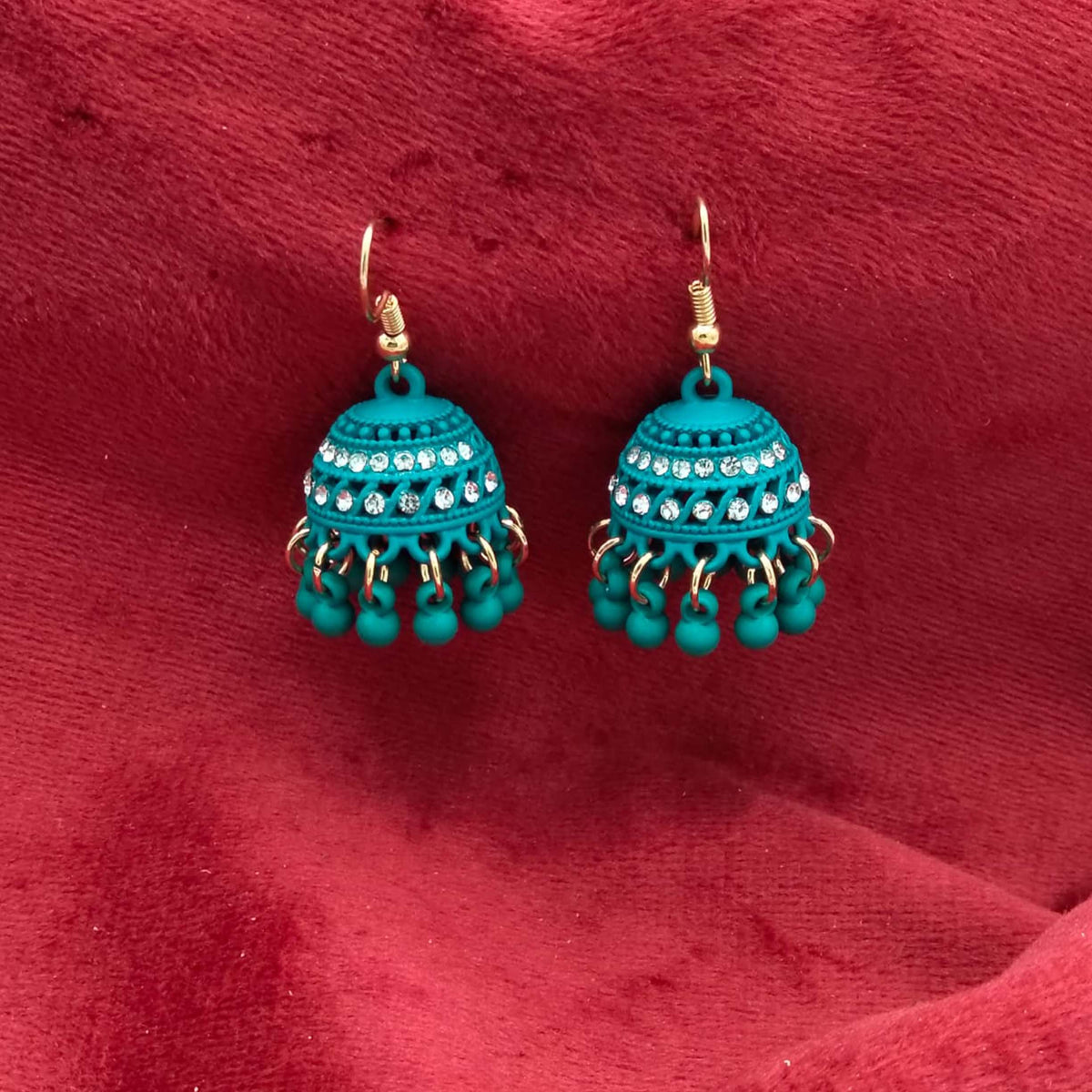 Regal Teal Crystal Jhumka Earrings GD_ ER 030