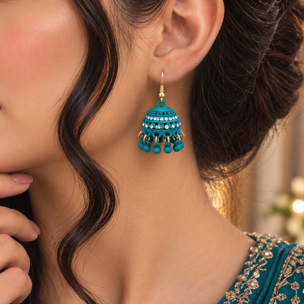 Regal Teal Crystal Jhumka Earrings GD_ ER 030