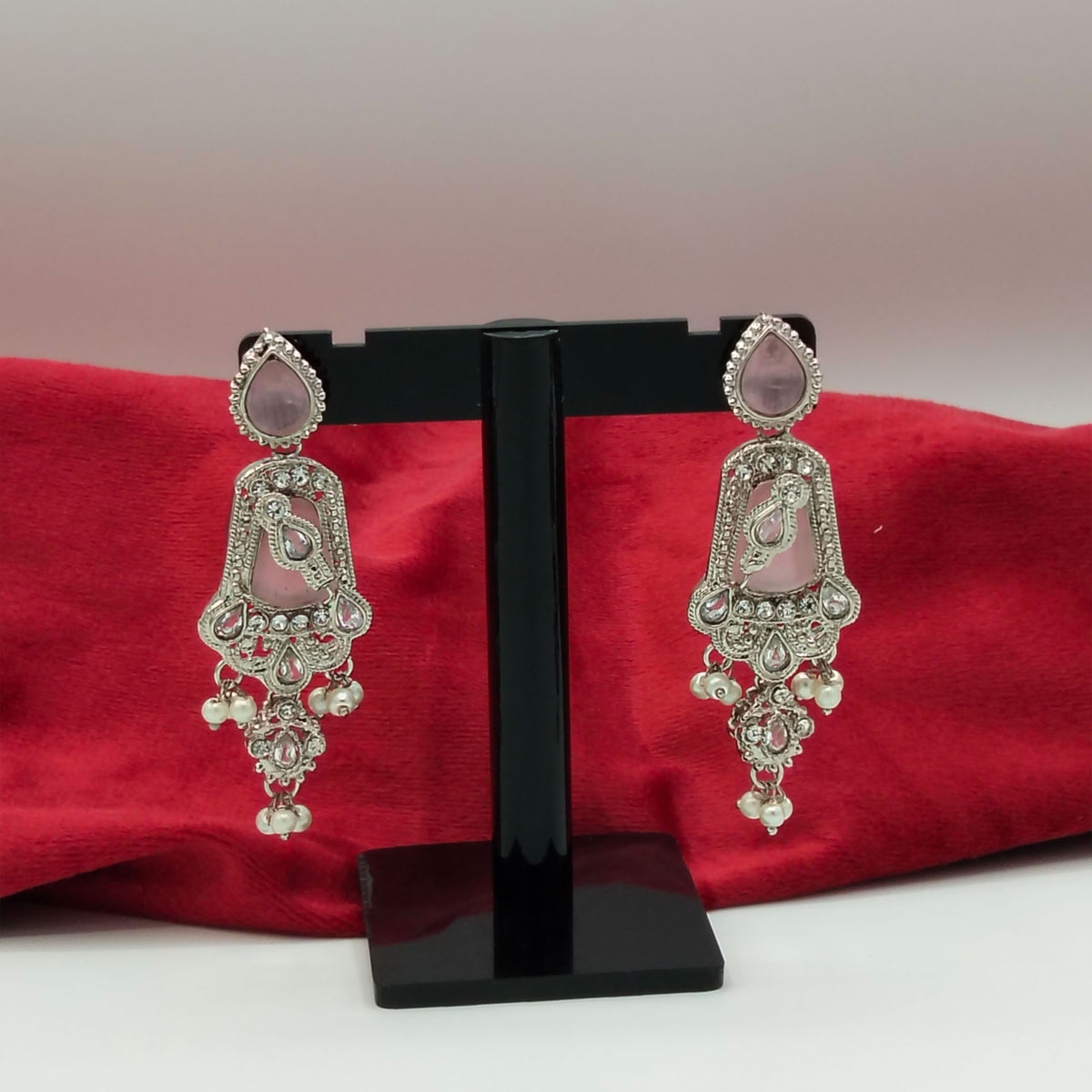 Silver Finish Soft Pink Gemstone Drop Earrings SL _ ER 039