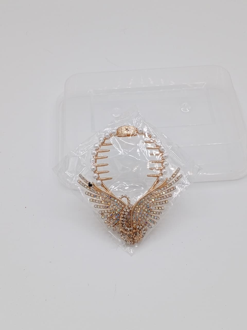 Vintage Gold Pearl Hair Claw with Crystal Peacock Wings _ 002