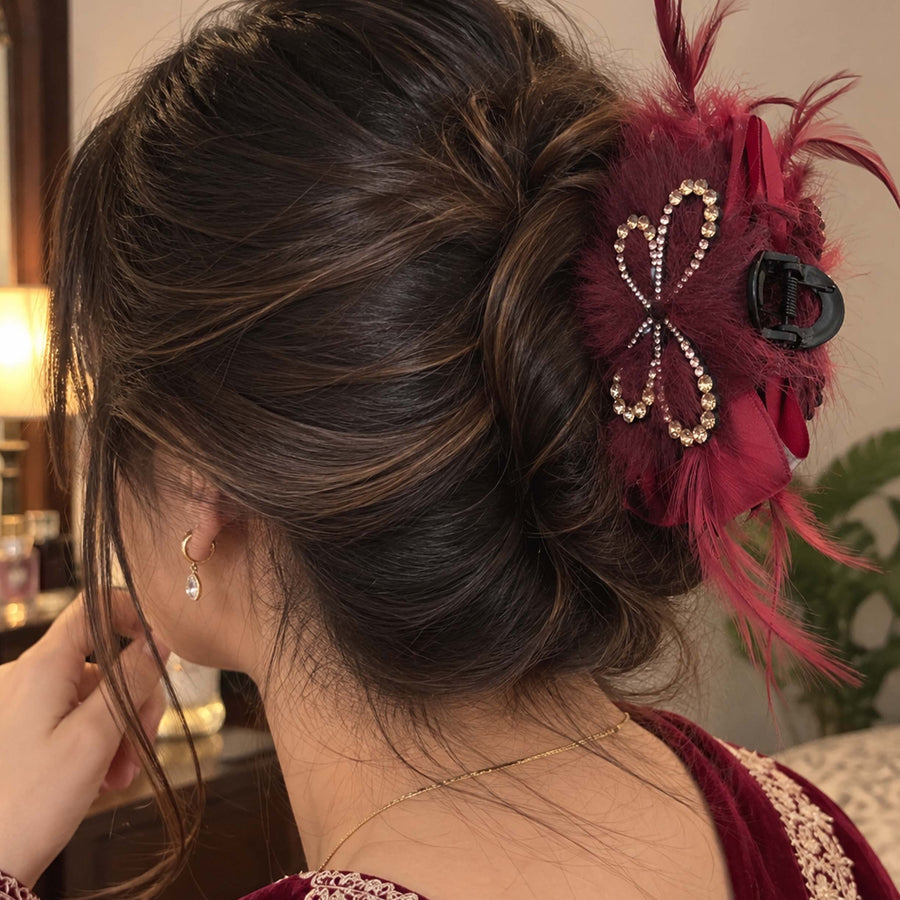 Glamorous Feather Hair Claw with Crystal Butterfly Bow _ 001