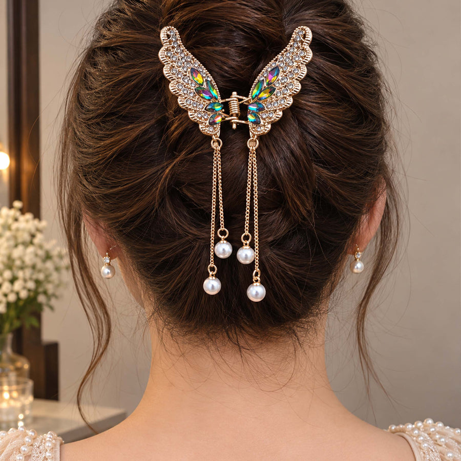 Vintage Gold Butterfly Hair Claw with Pearl Tassel _ 003