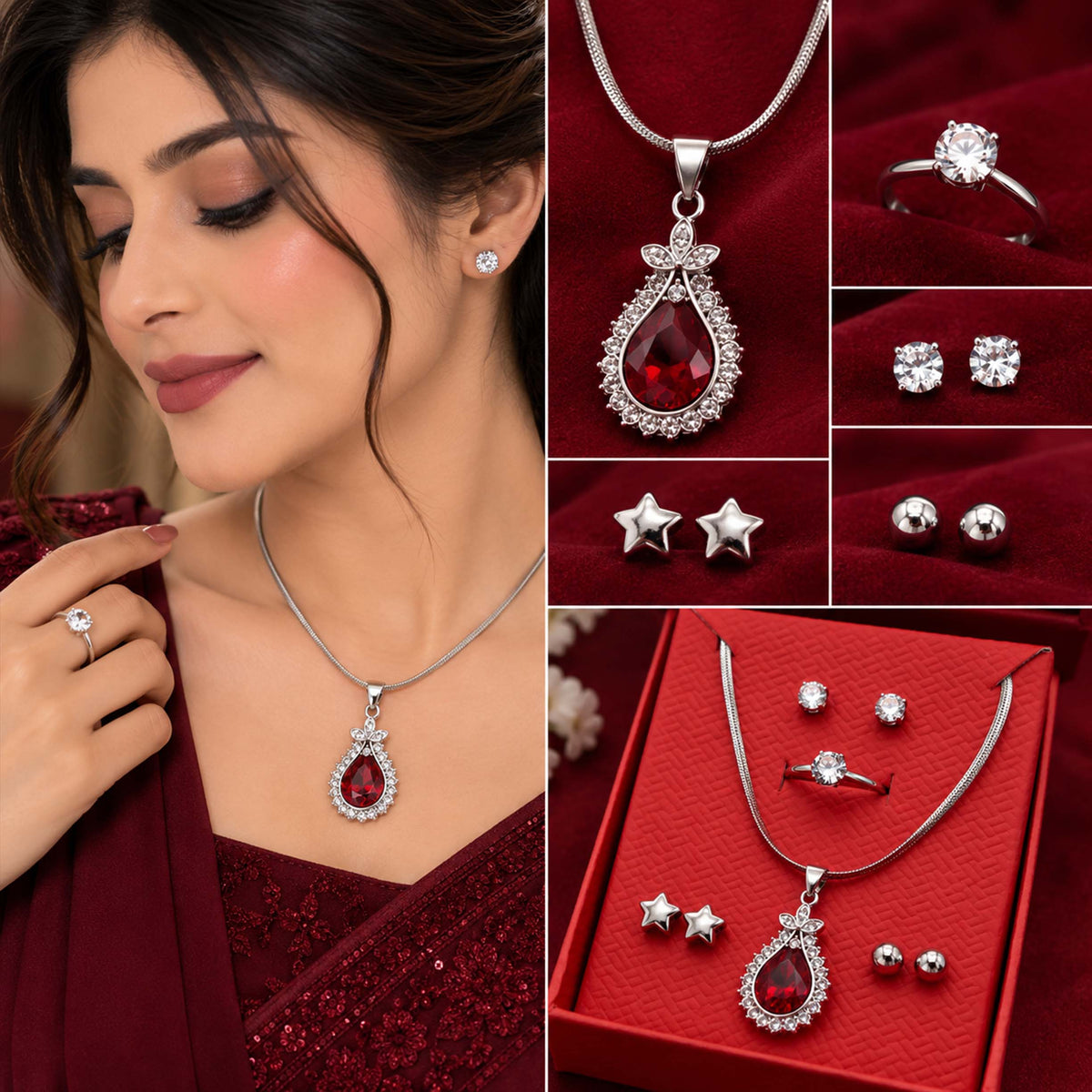Victorian Crimson Teardrop Halo Locket Set SL LK_ 003
