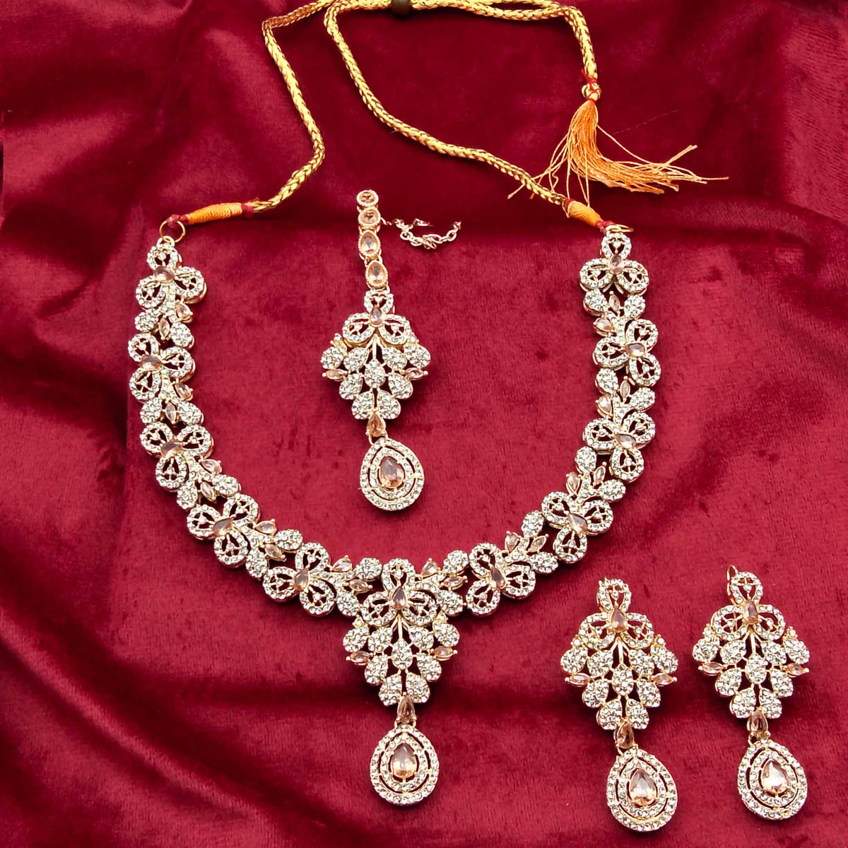 Crown Jewel V-Shaped Floral Zircon Necklace Set GD_ NK 003