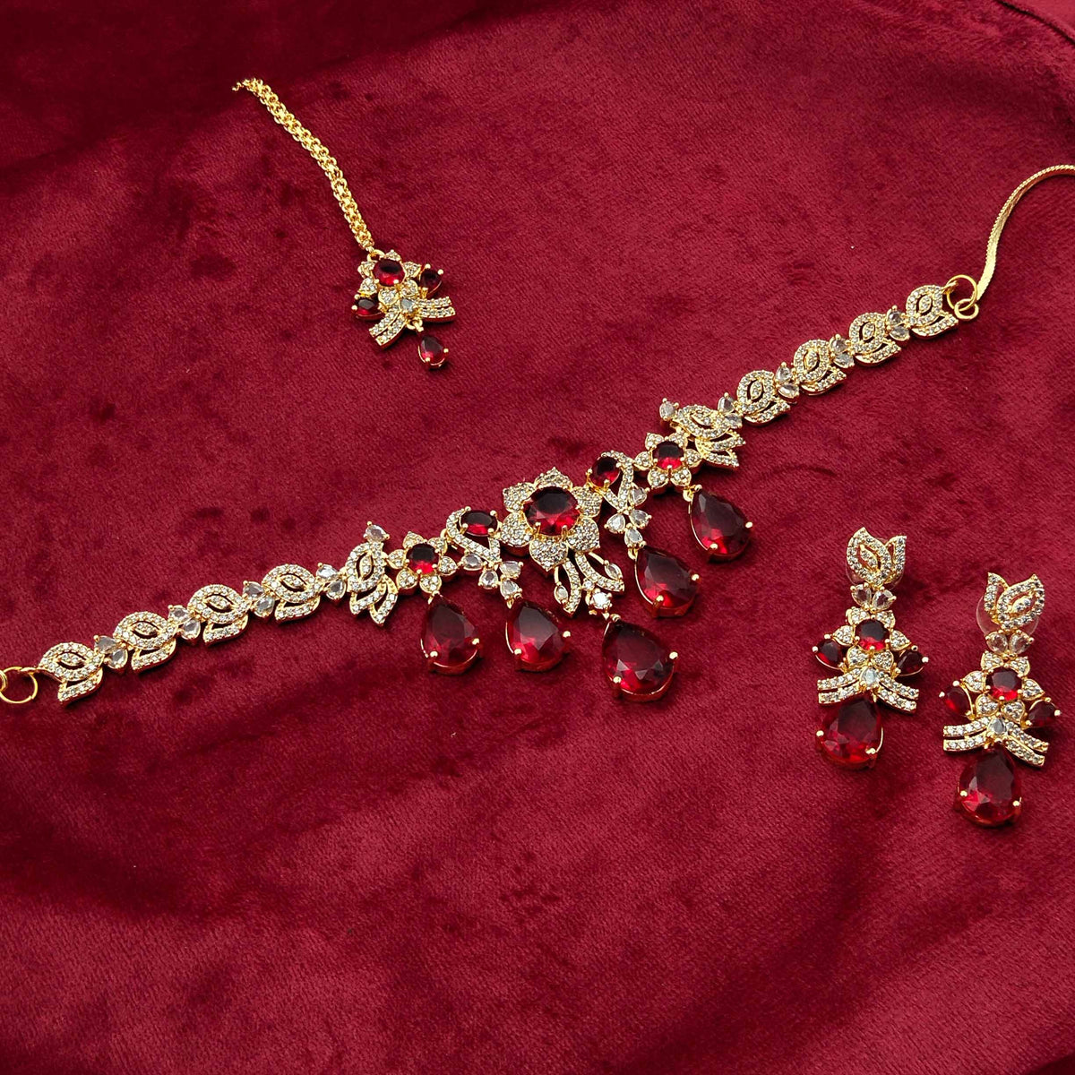 Regal 24K Gold Plated Ruby Droplet Necklace Set GD_ NK 006