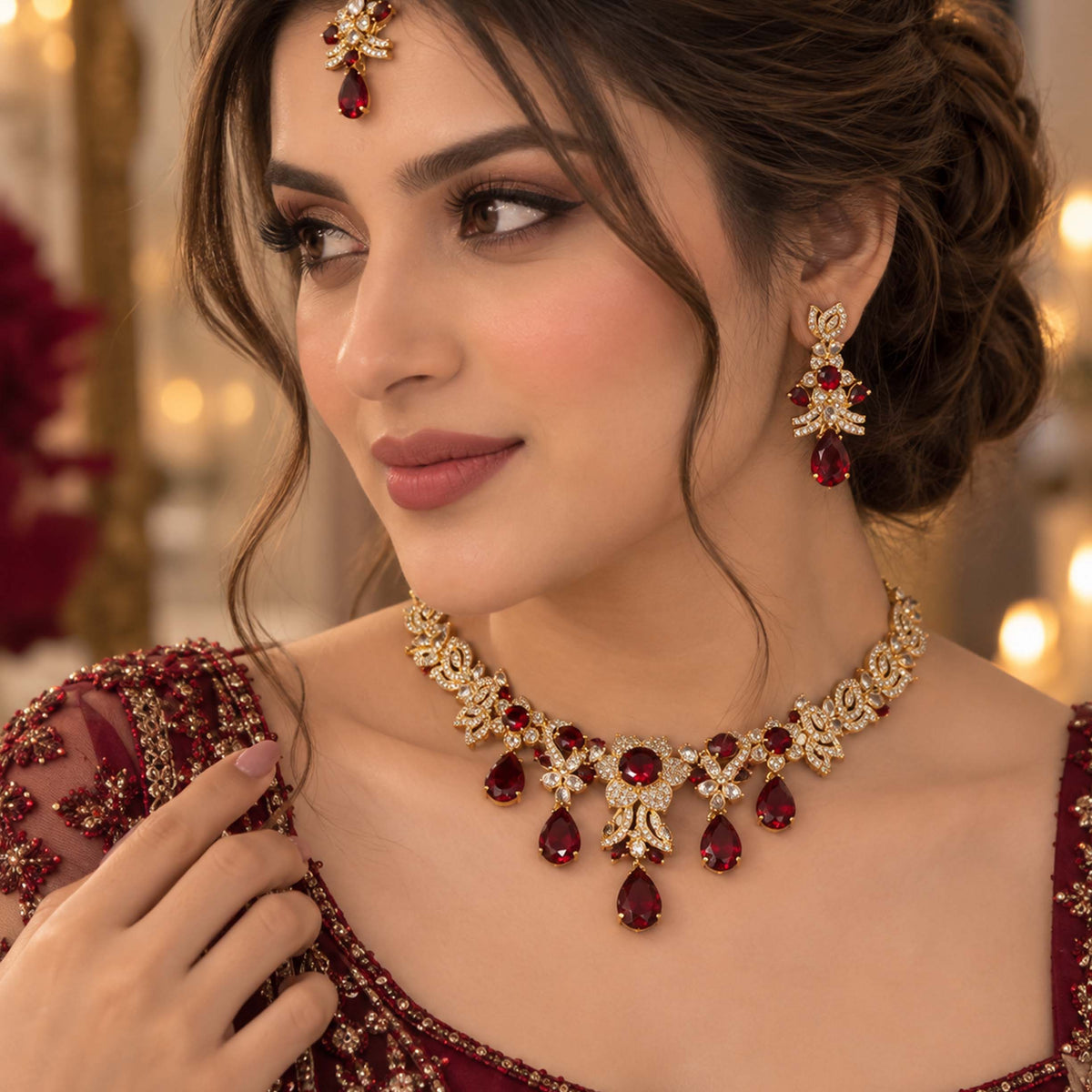 Regal 24K Gold Plated Ruby Droplet Necklace Set GD_ NK 006