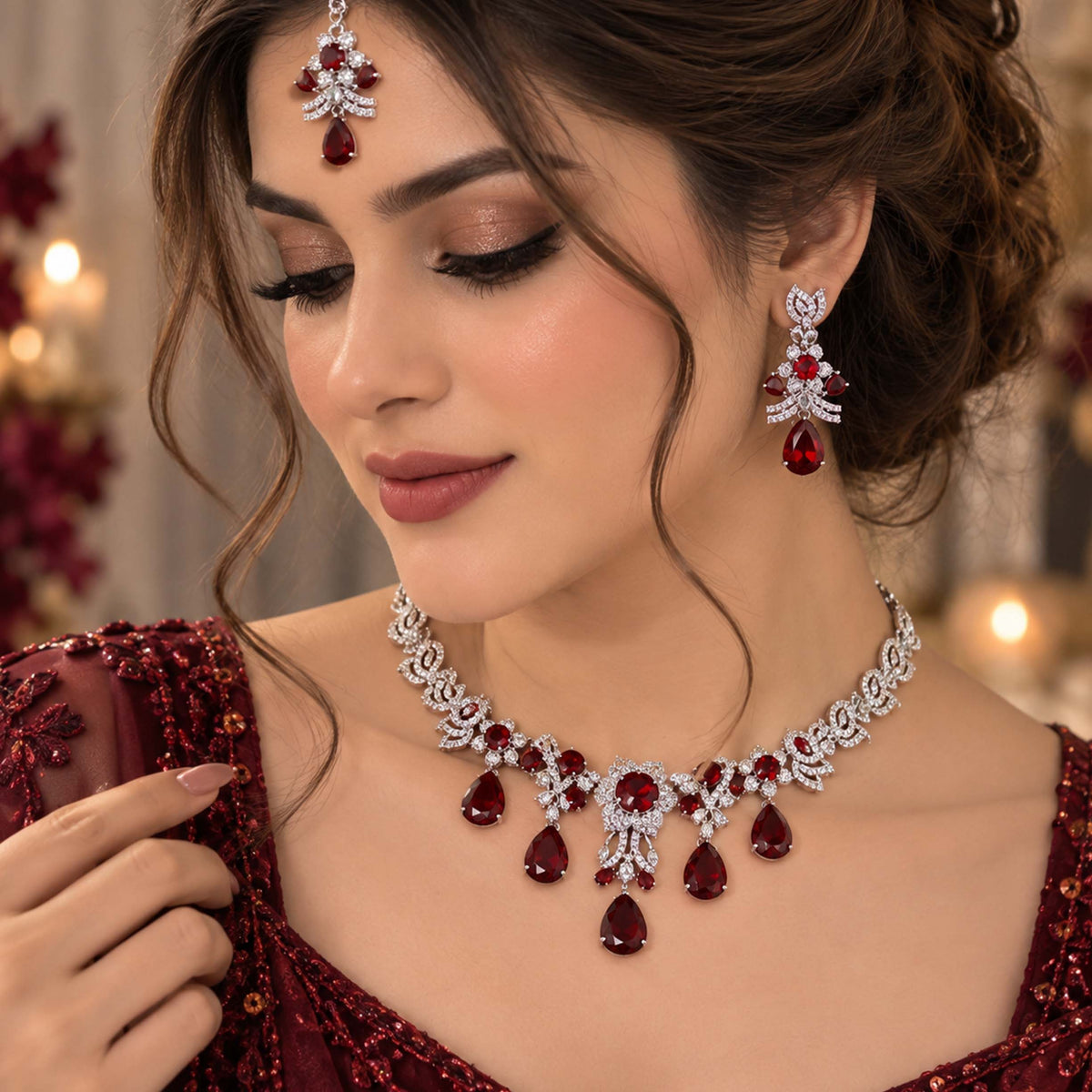 Regal 24K Gold Plated Ruby Droplet Necklace Set GD_ NK 006