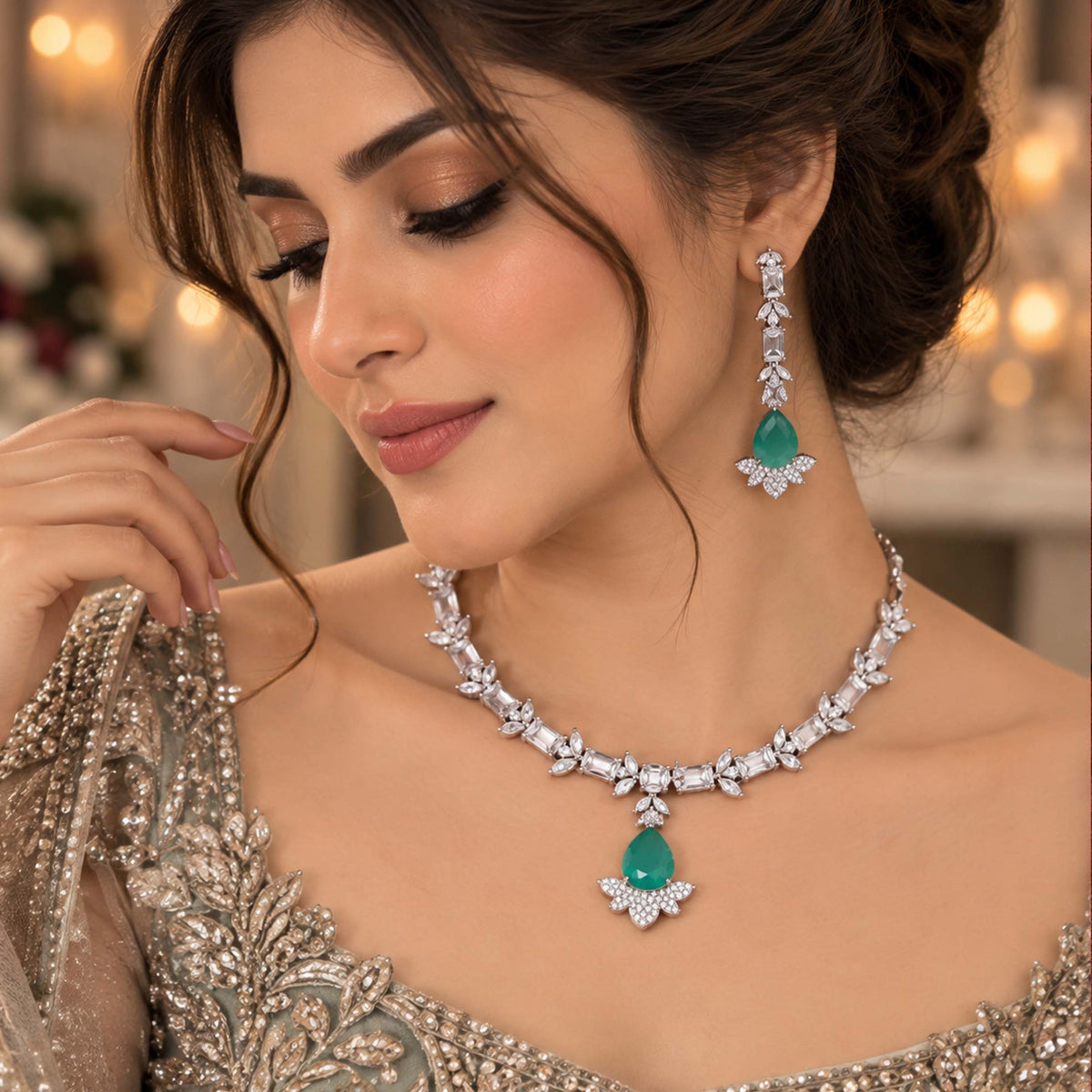 Regal 24K Gold Plated Mint Crystal Necklace Set GD_ NK 007