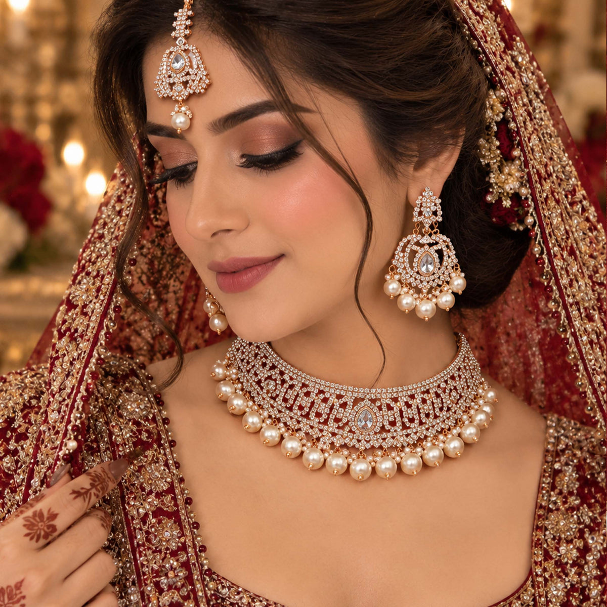 Regal Crystal Mesh Bridal Choker Set GD_ NK 011