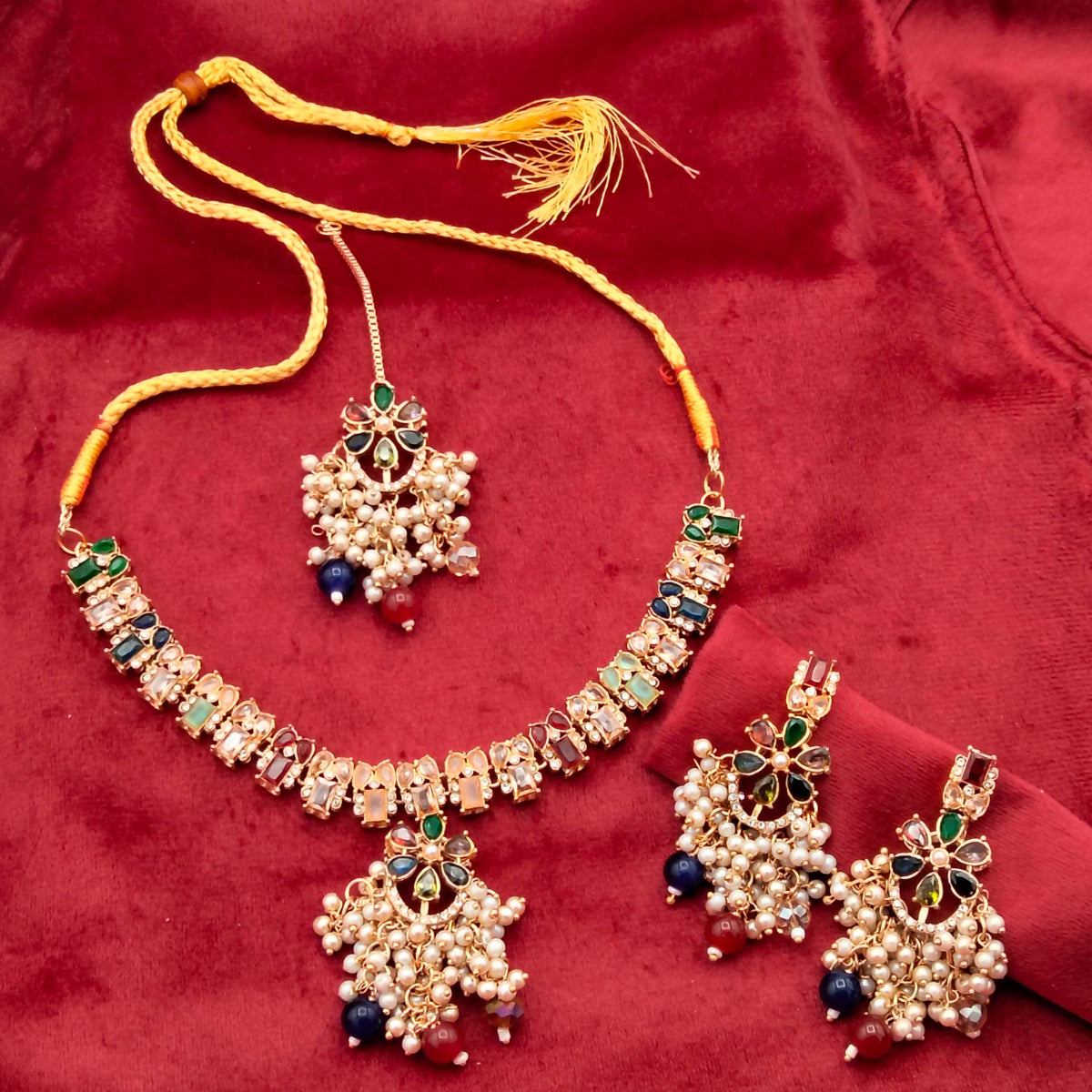 Victorian Floral Navratna Pearl Droplet Set GD_ NK 014