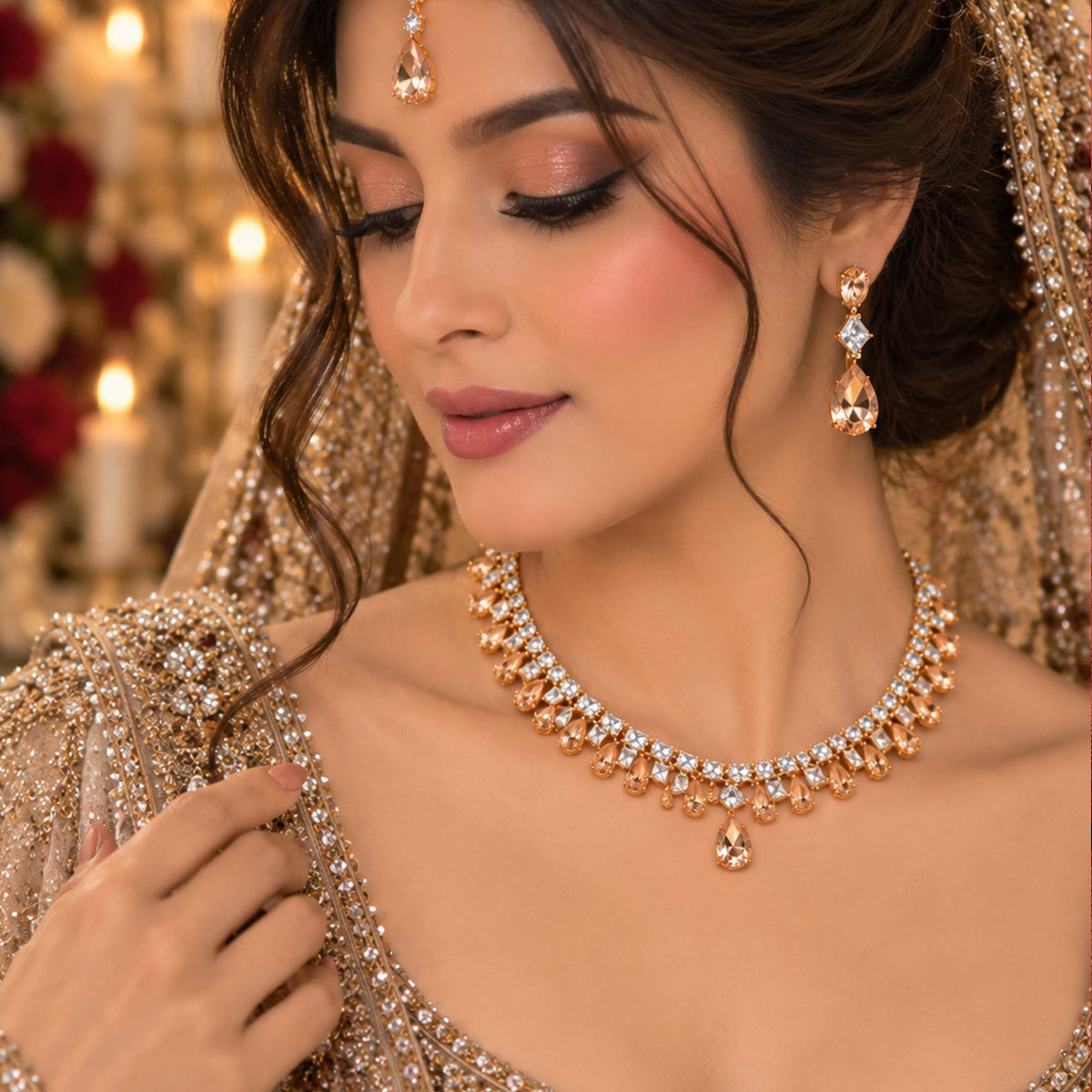 Regal 24K Gold Plated Crystal Teardrop Necklace Set GD_ NK 015