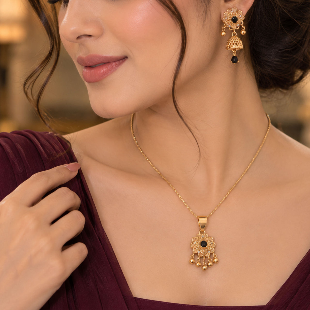 Victorian Filigree Bell Pendant Set GD_ NK 018