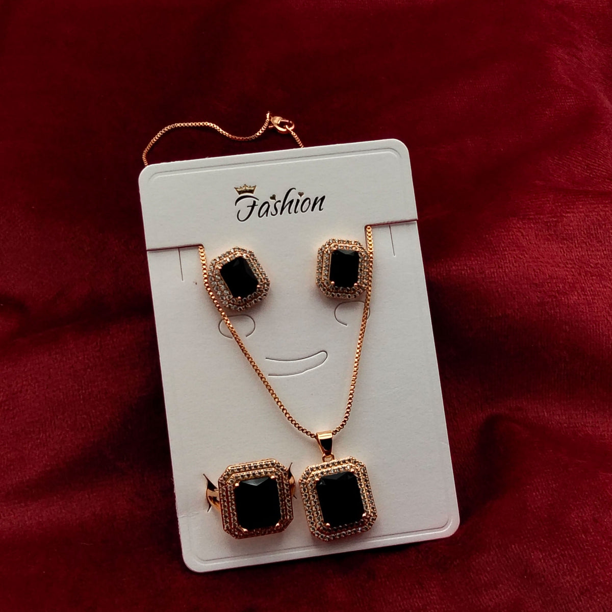 Imperial Square Zircon Halo Necklace & Ring Set GD_ NK 019