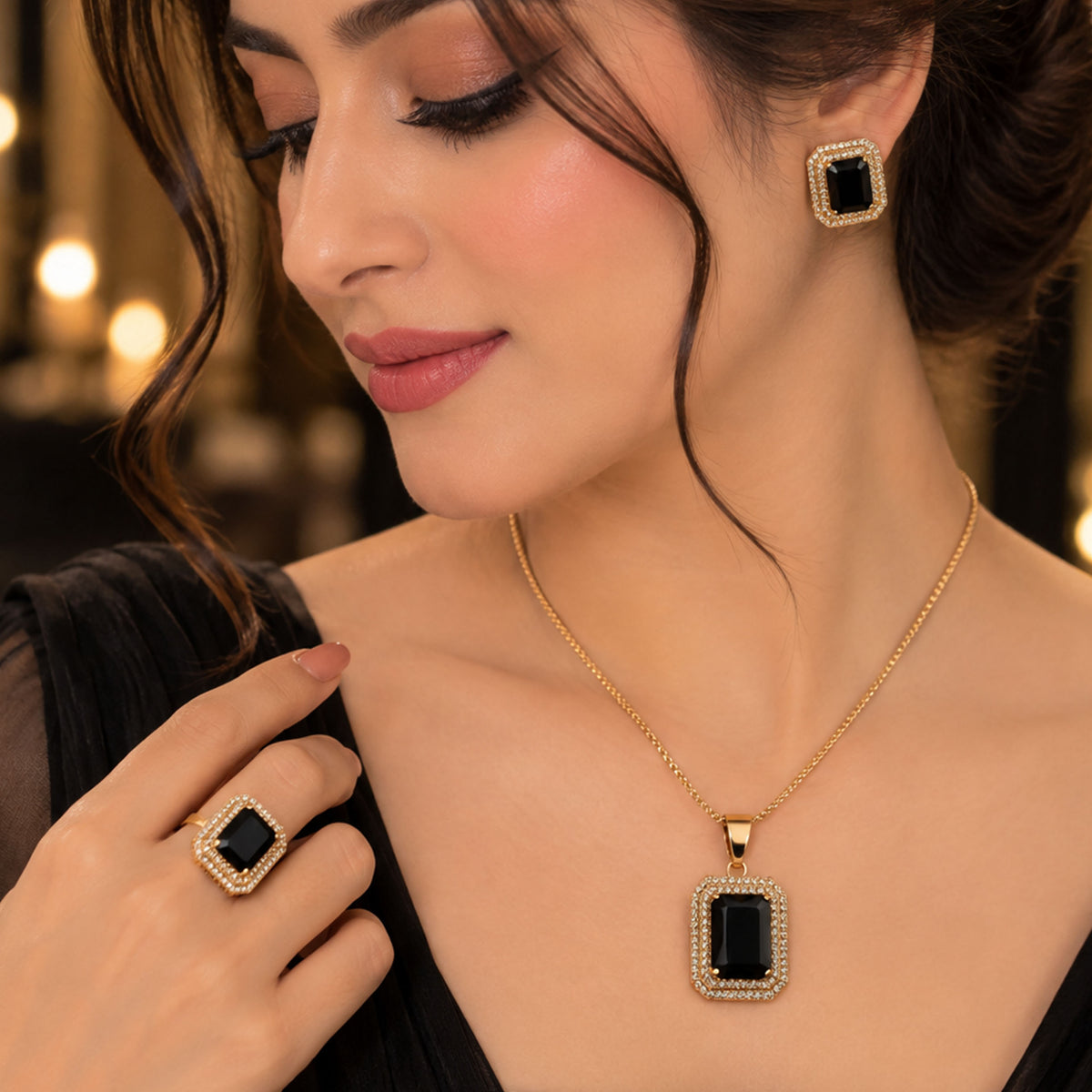 Imperial Square Zircon Halo Necklace & Ring Set GD_ NK 019