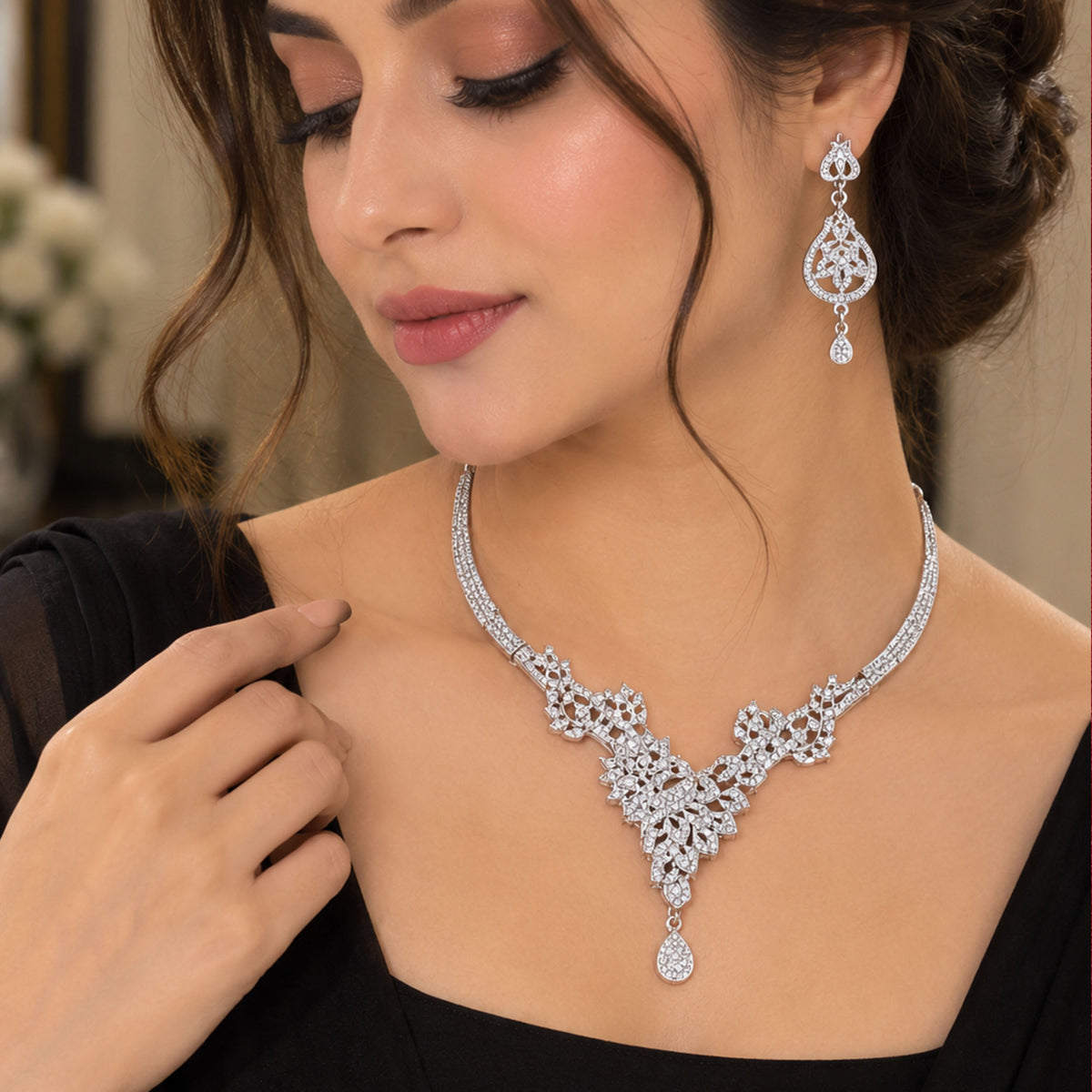 Victorian Cascading V-Shape Crystal Necklace Set GD_ NK 020