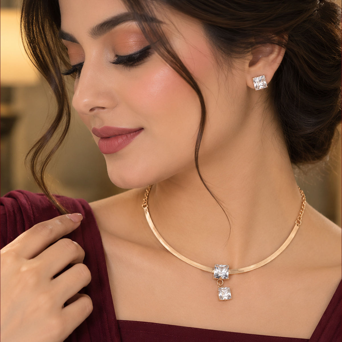 Imperial Princess-Cut Zircon Drop Chain Set GD_ NK 022