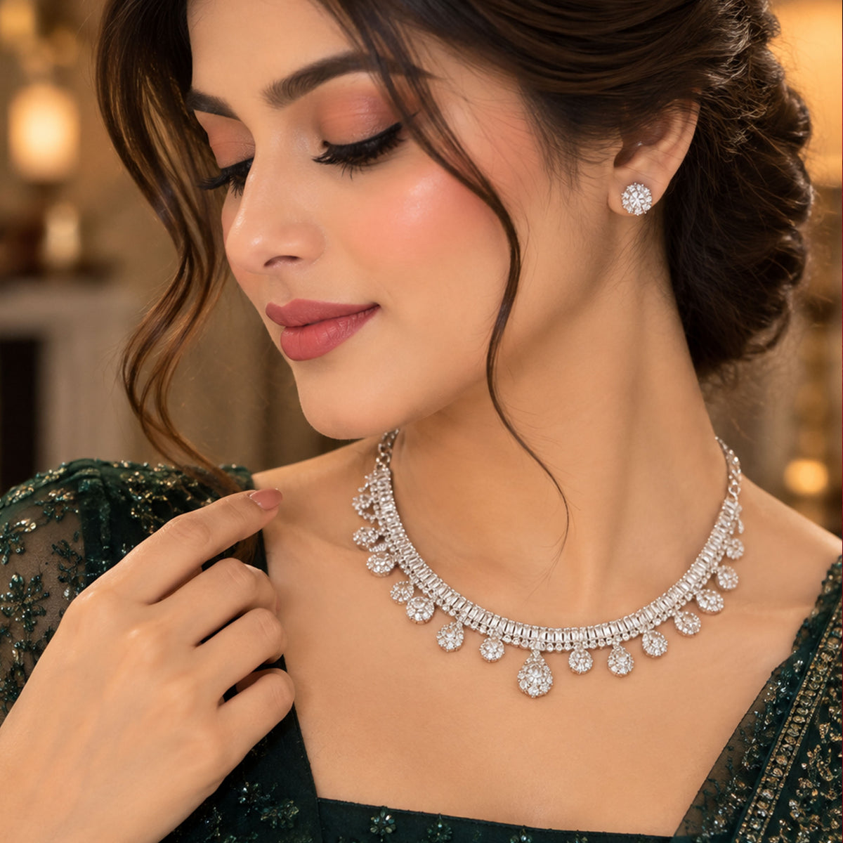 Monarch Crystal Solitaire Necklace Set GD_ NK 023