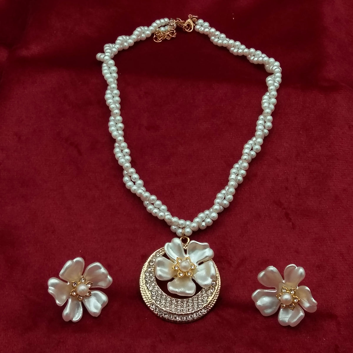Victorian Crescent Moon Pearl Strand Floral Necklace Set GD_ NK 025