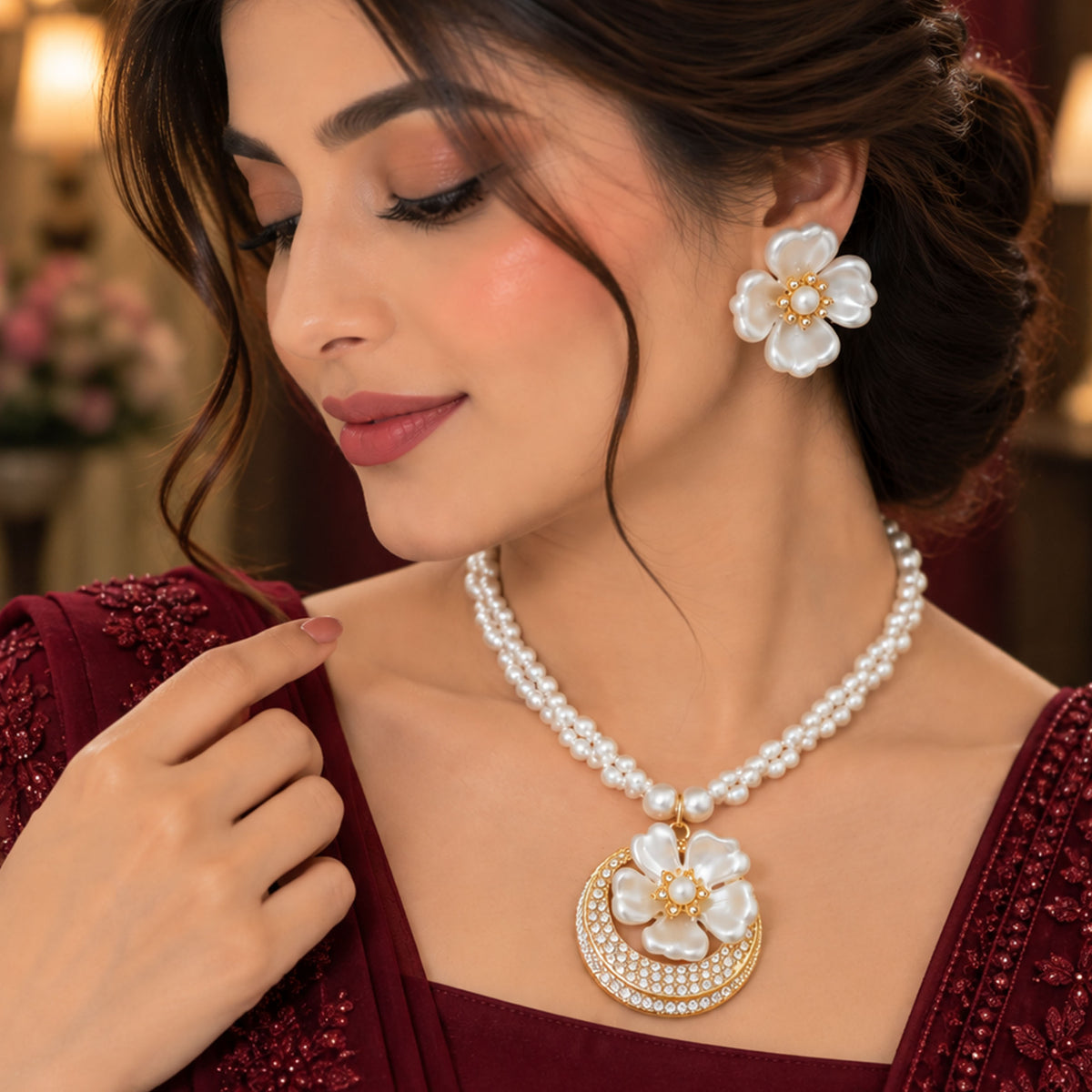 Victorian Crescent Moon Pearl Strand Floral Necklace Set GD_ NK 025