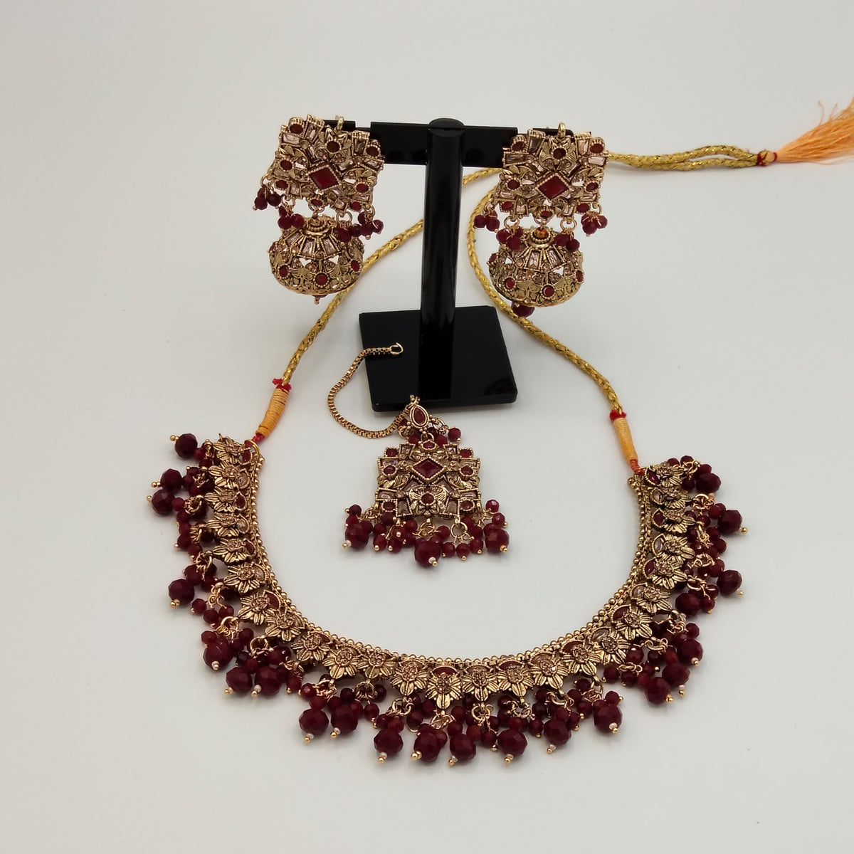 Gujrati Lightweight Gold Finish Maroon Beaded Necklace Set GD_ NK 026