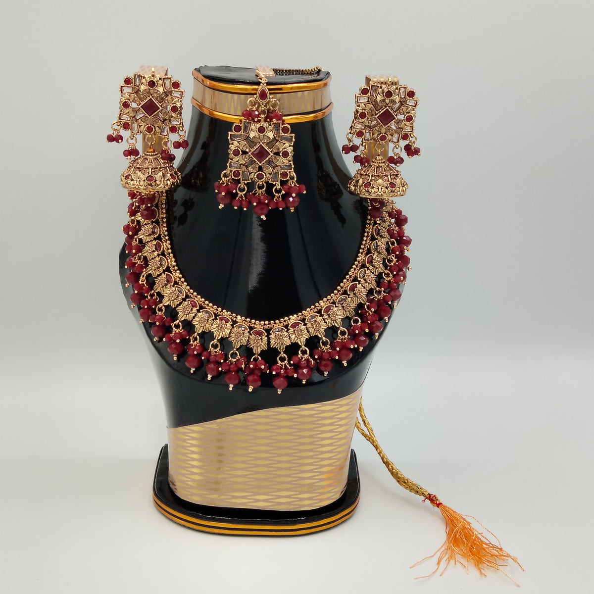 Gujrati Lightweight Gold Finish Maroon Beaded Necklace Set GD_ NK 026