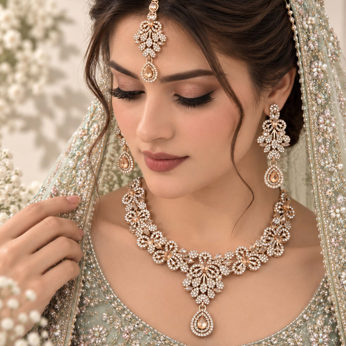 Crown Jewel V-Shaped Floral Zircon Necklace Set GD_ NK 003