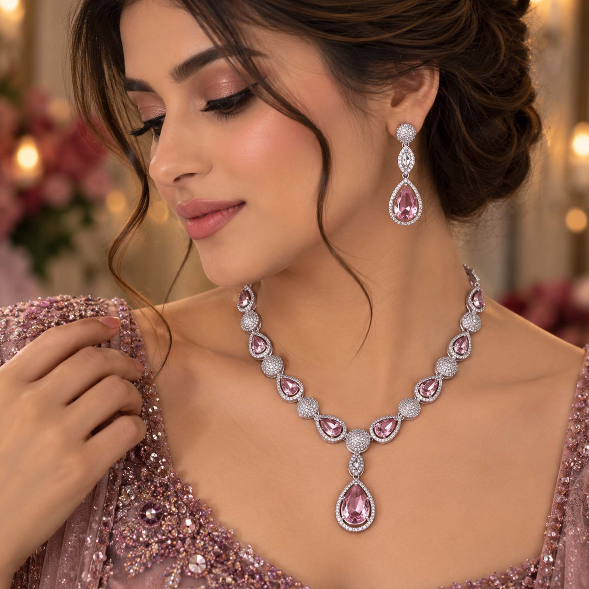 Regal 24K Gold Plated Rose Crystal Necklace Set SL_ NK 008