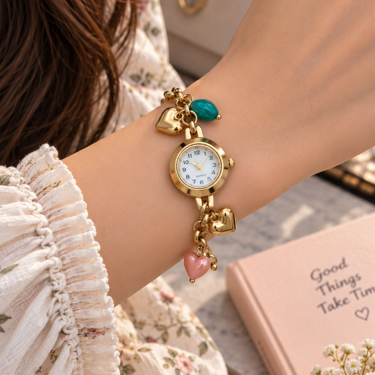 Regal Gold Heart Charm Stainless Steel Watch GD_ WT 002