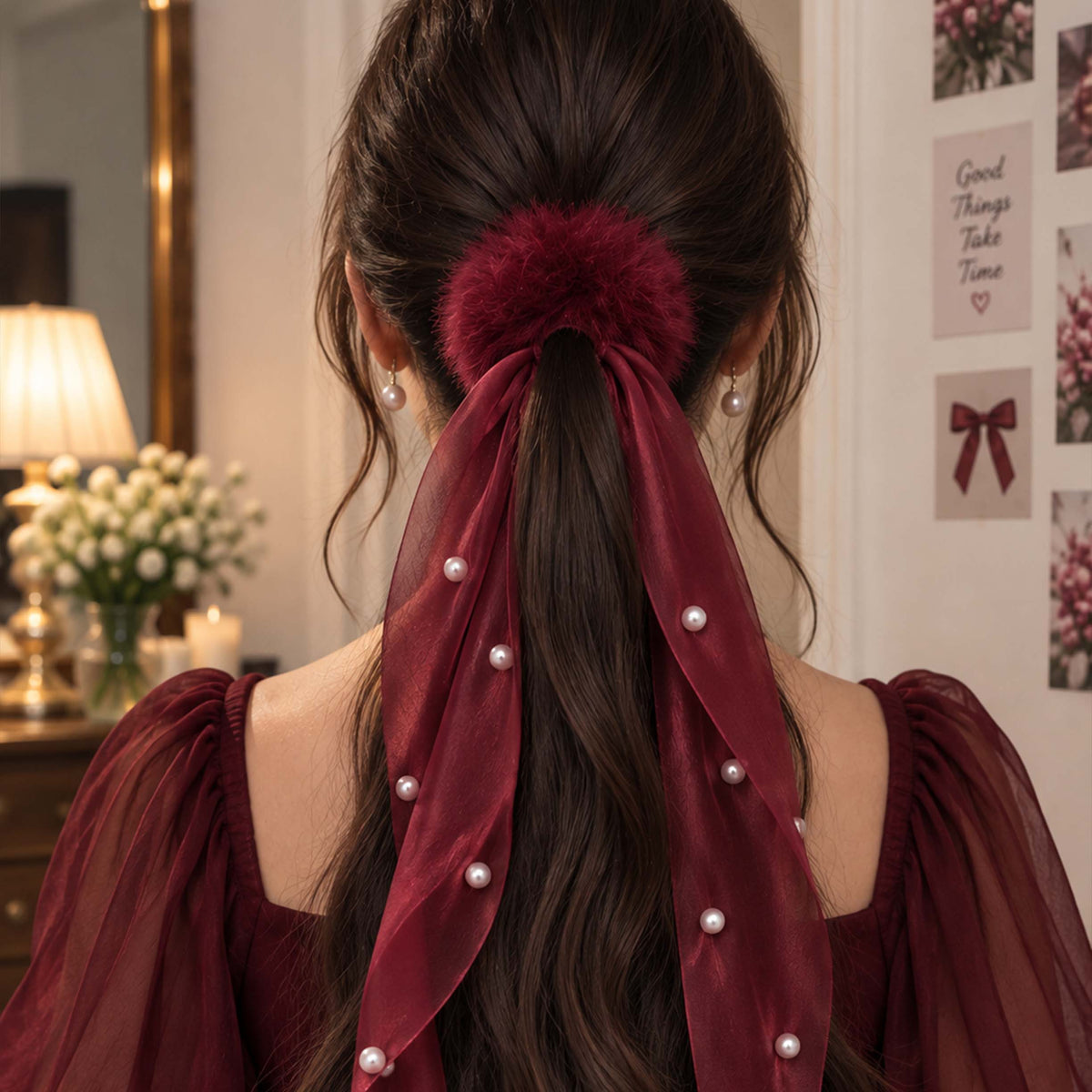 Furry Hair Band with Silky Ribbon Drape _ 001