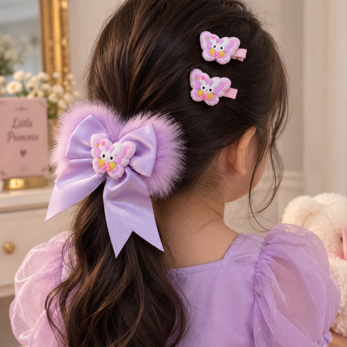 Cute Bunny Fur Bow Hair Band with Mini Hair Pin For Kids _ 002